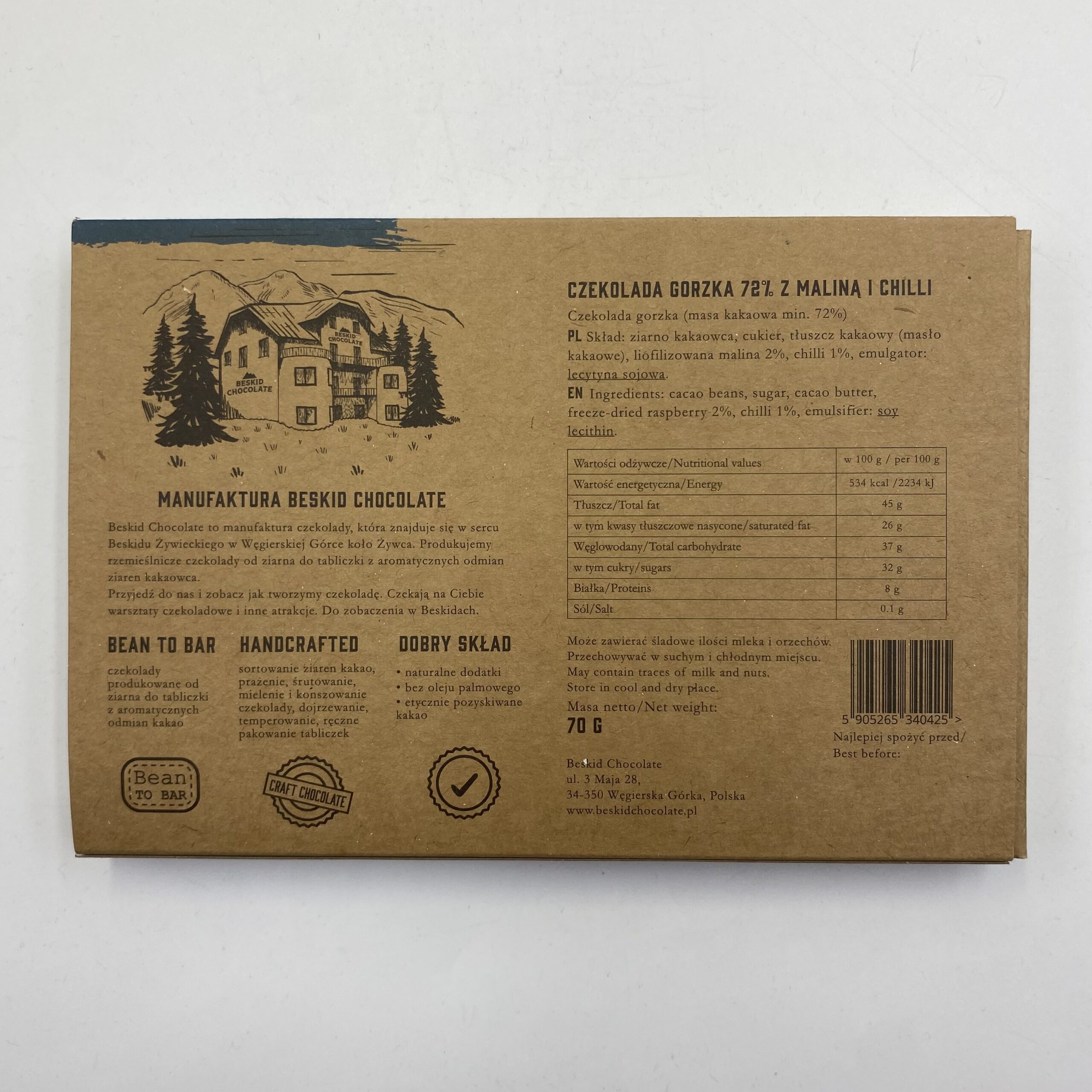 BESKID CHOCOLATE CZEKOLADA GORZKA MALINA I CHILLI 70 G