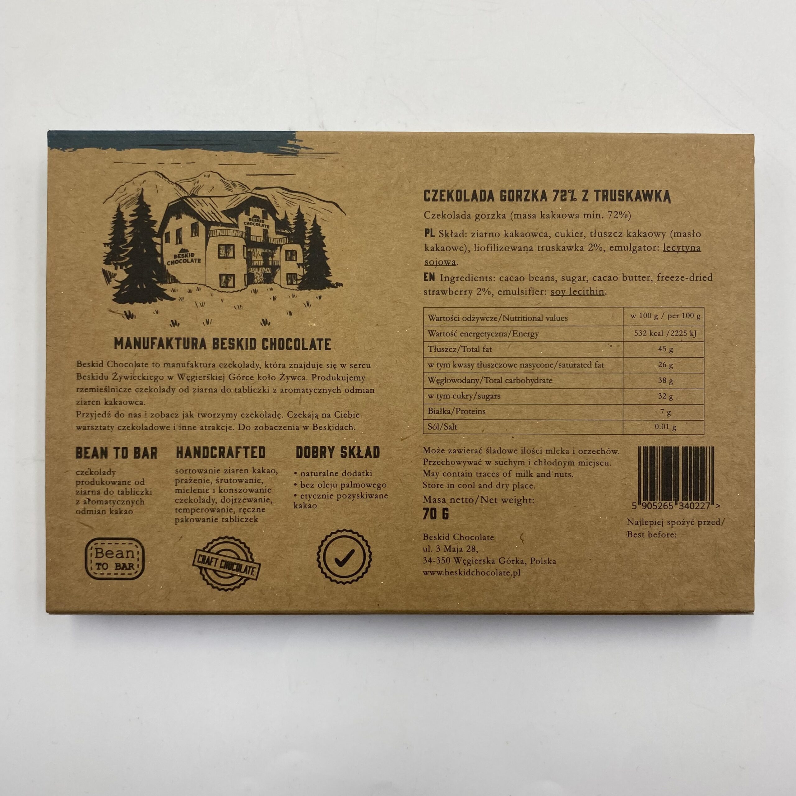 BESKID CHOCOLATE CZEKOLADA GORZKA Z TRUSKAWKĄ 70 G