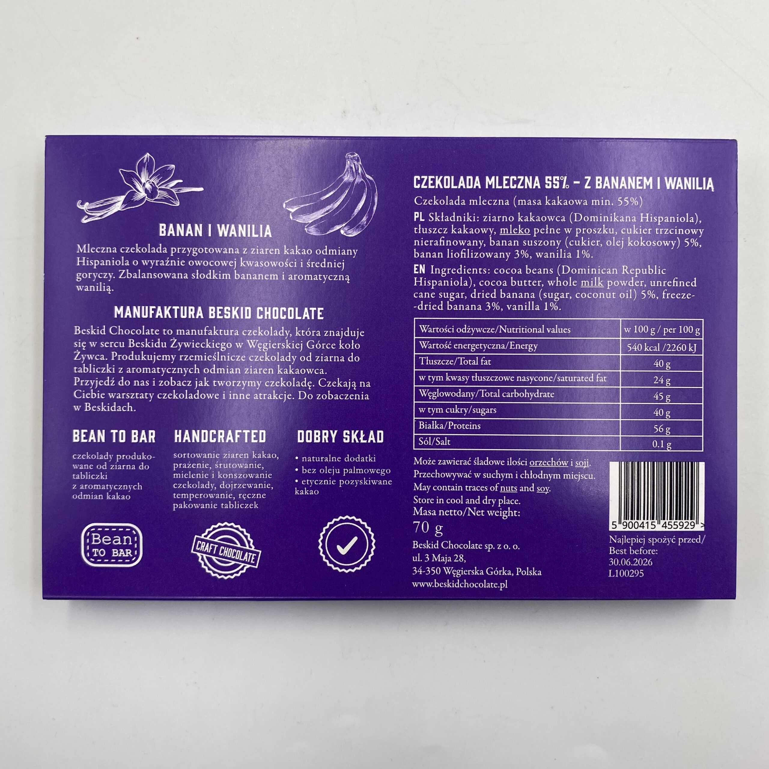 BESKID CHOCOLATE DOMINIKANA Z BANANEM I WANILIĄ 55% MLECZNA 70G