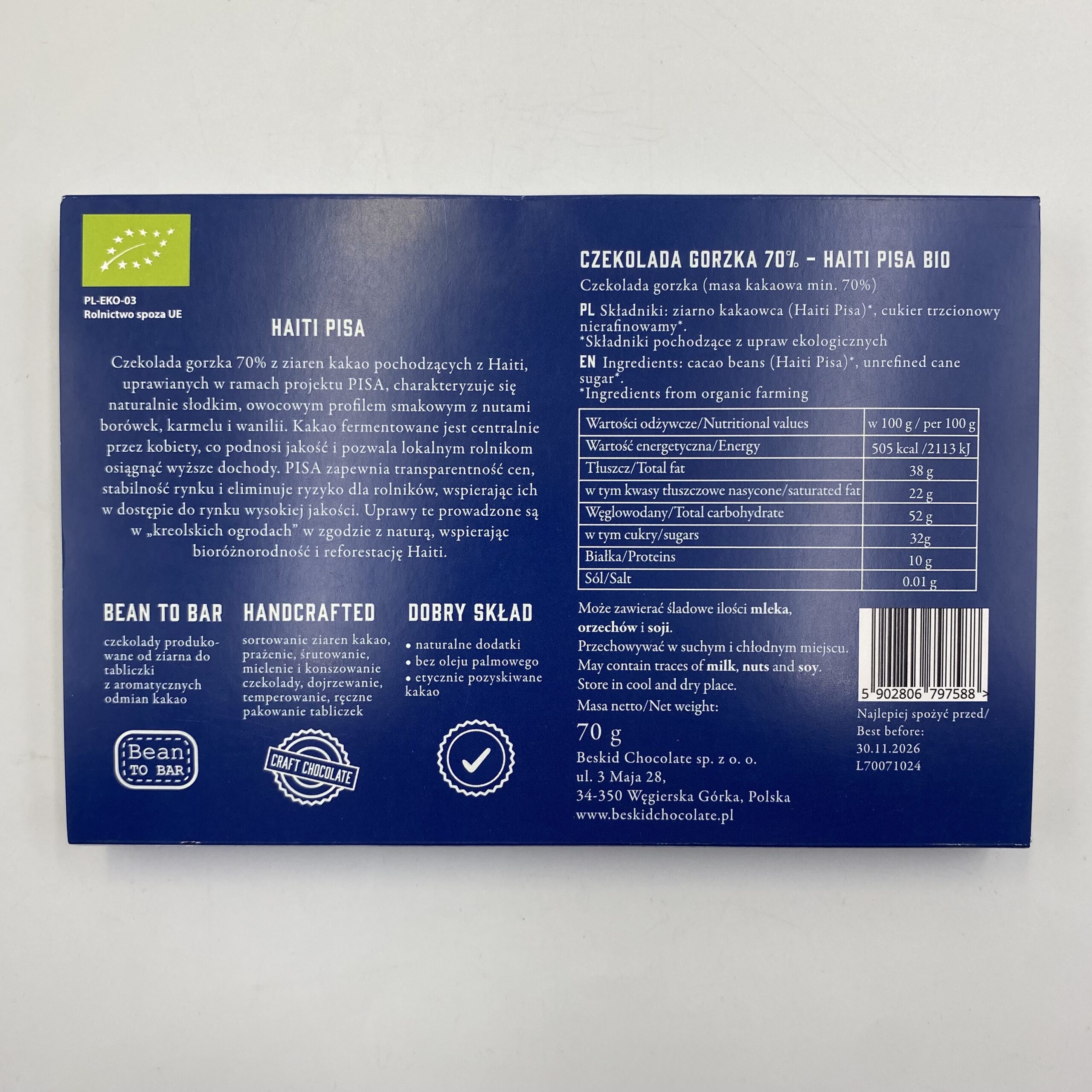 BESKID CHOCOLATE HAITI PISA GORZKA 70% 70G